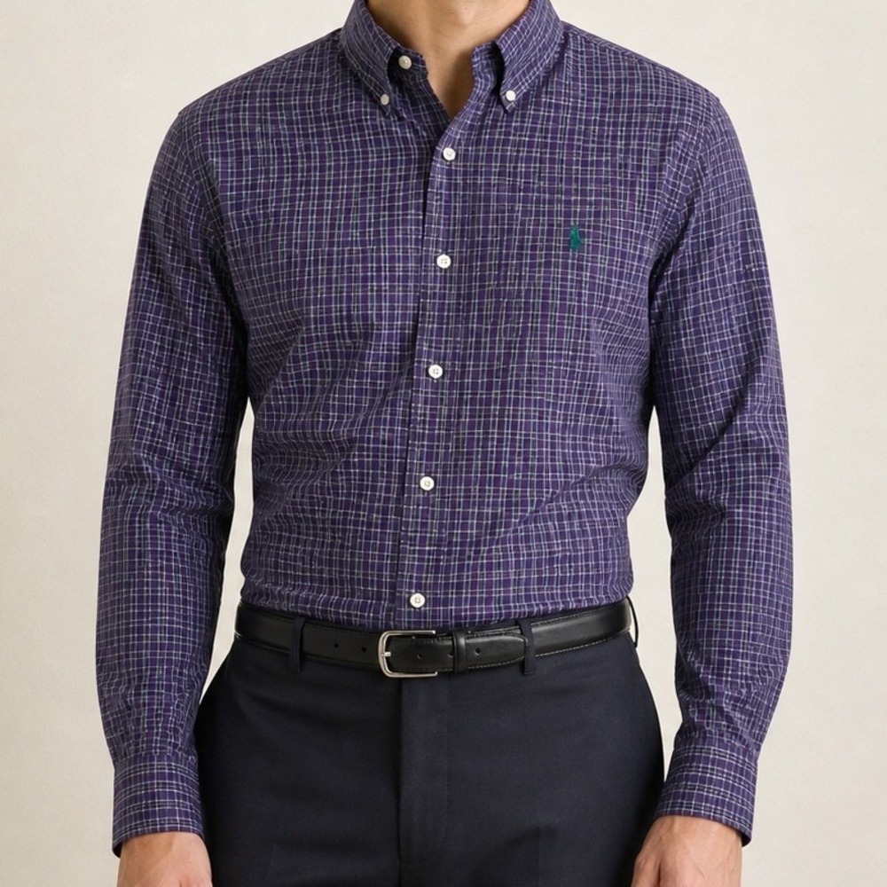 Ralph Lauren Classic Fit Mens Purple Green Plaid Button Down Shirt L Large